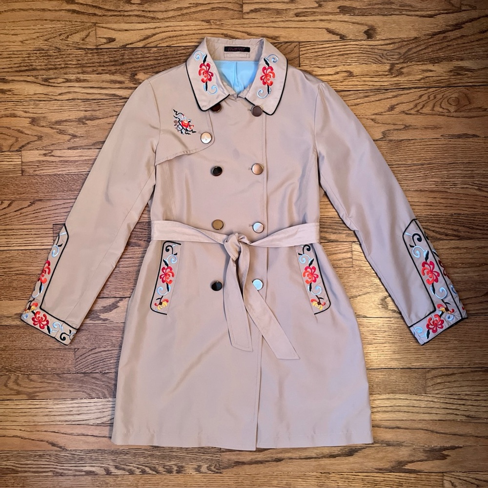 Custo Barcelona Beige Trench Coat with Red Floral Embroidery